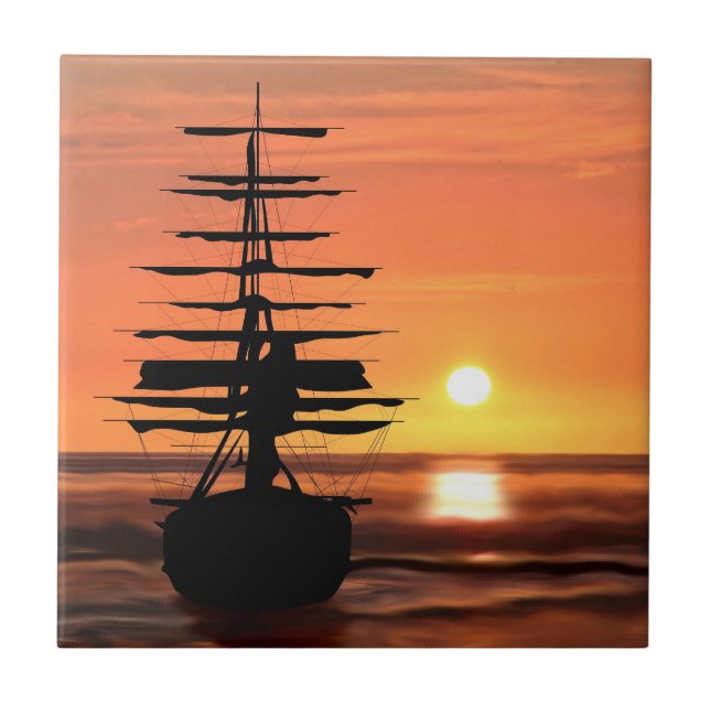 Segelschiff mit Sonnenaufgang Fliese (Vorderseite)