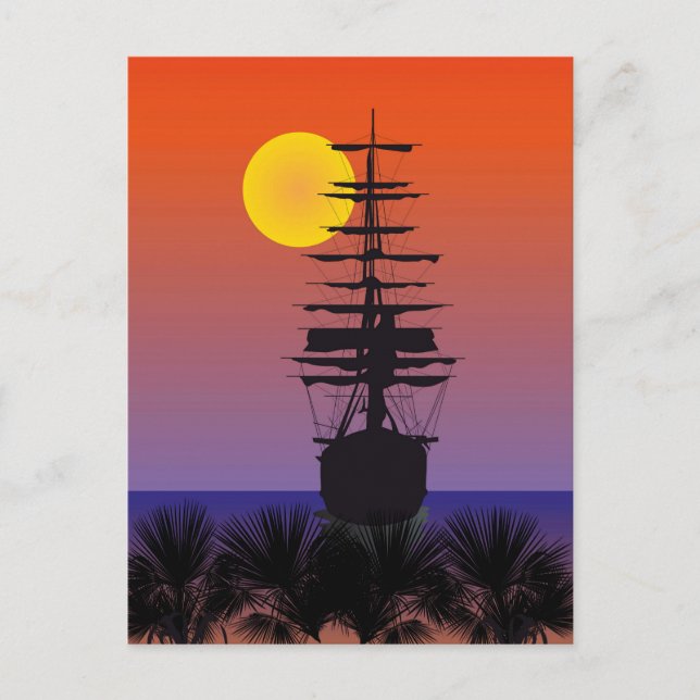Segelschiff mit Sonnenaufgang Postkarte (Vorderseite)
