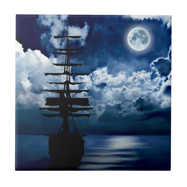 Segelschiff mit Vollmond Fliese (Vorderseite)