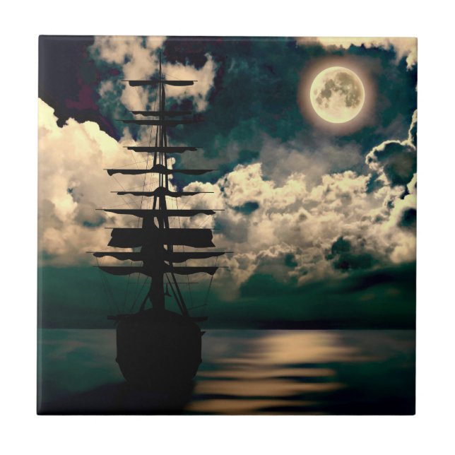 Segelschiff mit Vollmond Fliese (Vorderseite)