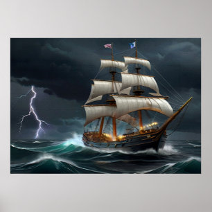 Segelschiff und Blitzkunst Poster