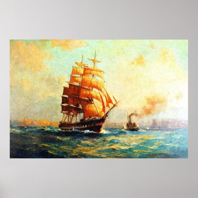 Segelschiff und Ozeandampfer Poster (Vorne)