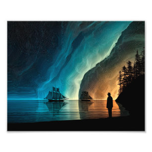 Segelschiffe, Nordlichter, felsige Küste Fotodruck