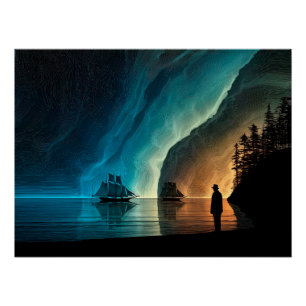 Segelschiffe, Nordlichter, felsige Küste Poster