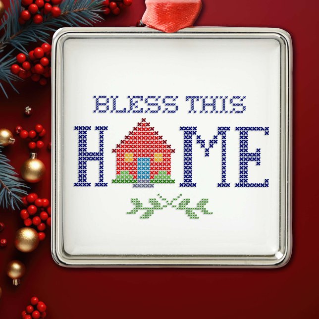 Segen Sie diese Zuhause Cross Stitch Ornament Aus Metall (Bring warmth and blessings to your holiday season with our "Bless This Home" ornament.)
