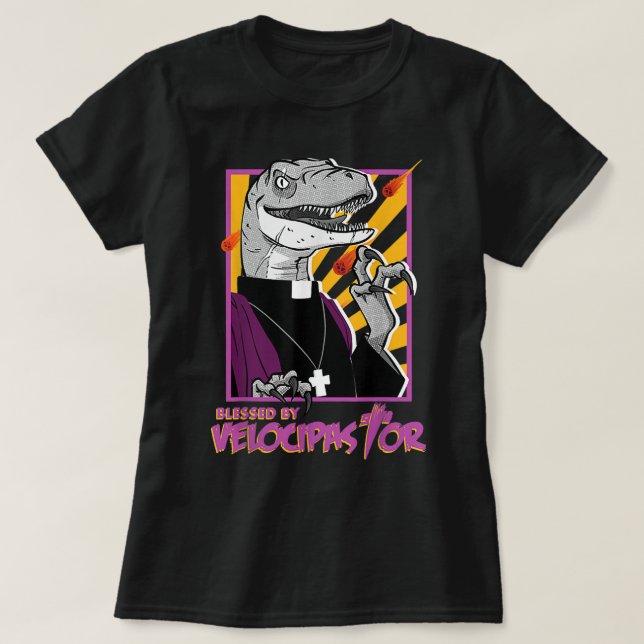 Segen von Velocipastor, Cooler Dinosaurier Pfarrer T-Shirt (Design vorne)