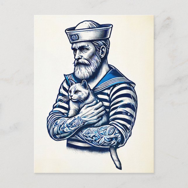 Segler, der eine Katze an seinem Arm hält Postkarte (Vorderseite)