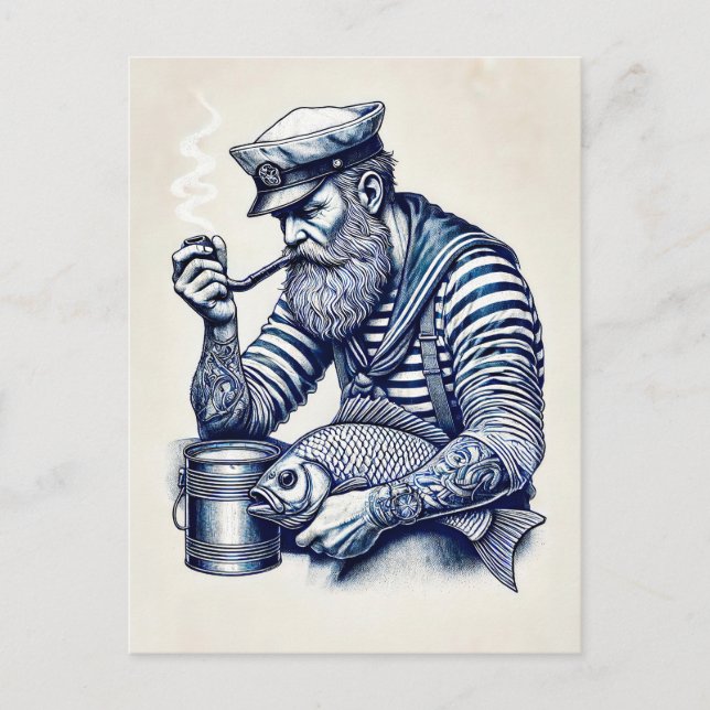 Segler mit einem Pipe und Fisch unter seinem Arm Postkarte (Vorderseite)