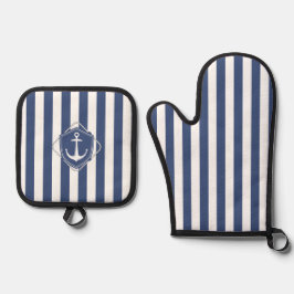 Seglerleben, Kobaltblauer Streifen & Anker Ofenhandschuh & Topflappen-Set