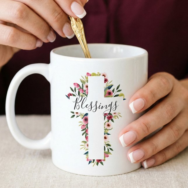 Segnungen Floral Wasserfarbe Religiöses Kreuz Jumbo-Tasse (Blessings Floral Watercolor Religious Cross Giant Coffee Mug)