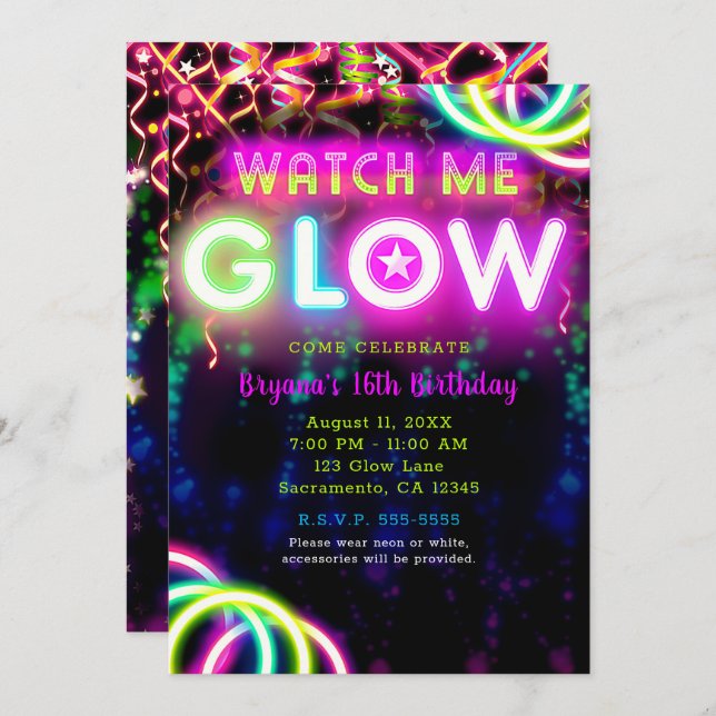 SEHEN SIE MICH GLOW Neon Birthday Party Einladung (Vorne/Hinten)