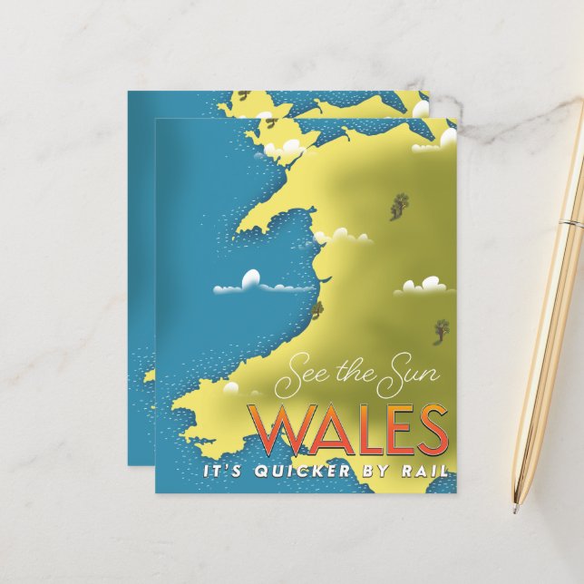 Sehen Sie sich das Reiseplakat Sun Wales an. (Vorderseite/Rückseite Beispiel)