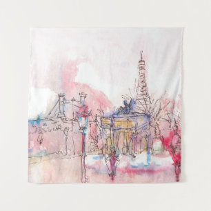 Sehenswürdigkeit Paris mit Aquarell an einem regne Wandteppich