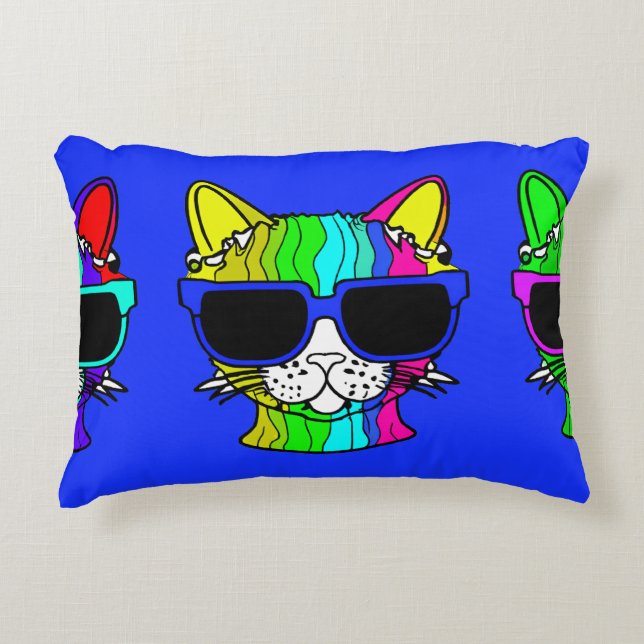 Sehr Cool Rainbow Cat mit Sunglass auf blau Dekokissen (Vorderseite)