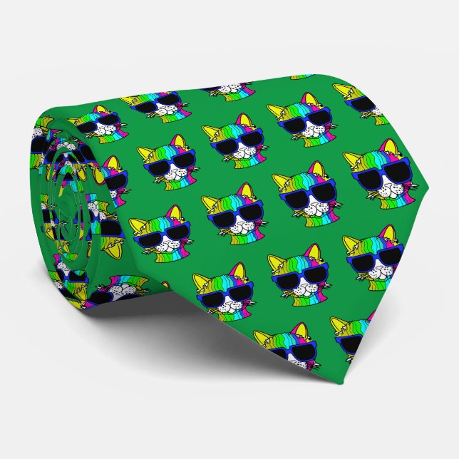 Sehr Cooles Rainbow Cat Pattern auf Green Krawatte (Gerollt)