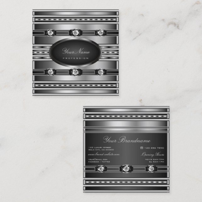 Sehr eleganter Schwarz-Silber-Effekt mit Diamanten Quadratische Visitenkarte (Vorne/Hinten)