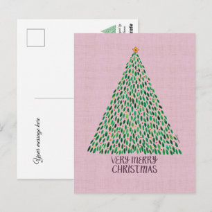 Sehr fröhlicher Weihnachtsbaum auf rosa Postkarte