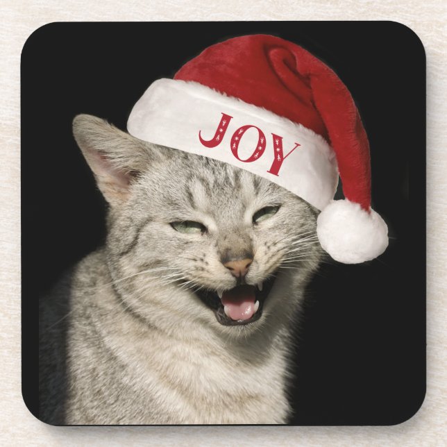 Sehr Funny Santa Cat Laugh Foto Weihnachten Getränkeuntersetzer (Vorderseite)