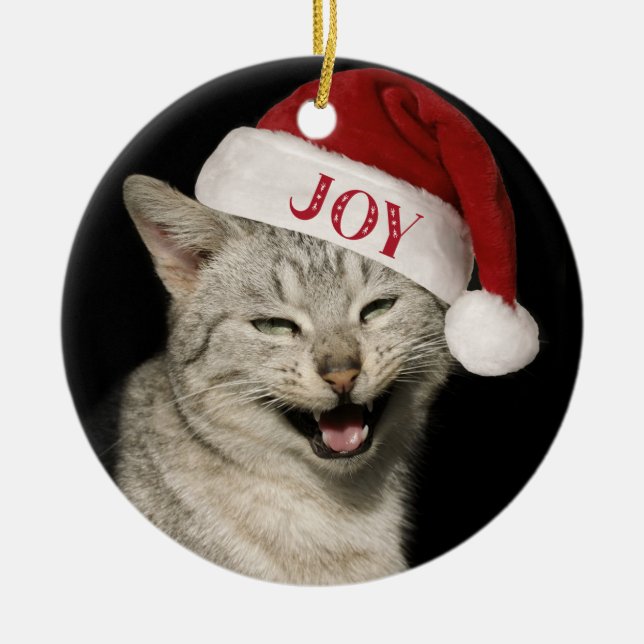 Sehr Funny Santa Cat Laugh Foto Weihnachten Keramik Ornament (Vorne)