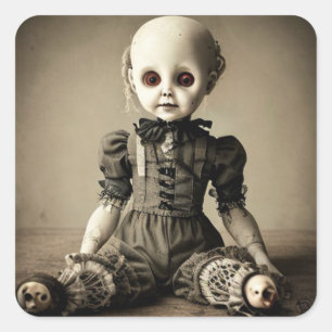 Sehr gruselige alte Vintage-Puppe Halloween Quadratischer Aufkleber