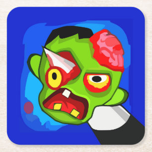 Sehr lustiger Cartoon Zombie mit Stift durch das A Rechteckiger Pappuntersetzer