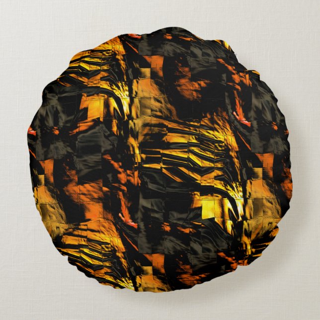 Sehr rustikal verbrannt goldfarbenes, abstraktes M Rundes Kissen (Rückseite)