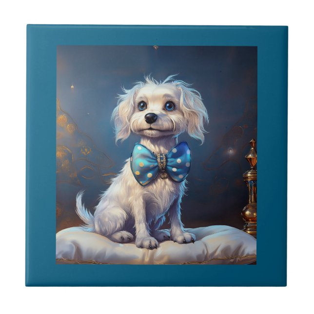 Sehr süßer kleiner Hund mit blauer Fliege Fliese (Vorderseite)