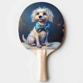 Sehr süßer kleiner Hund mit blauer Fliege Tischtennis Schläger
