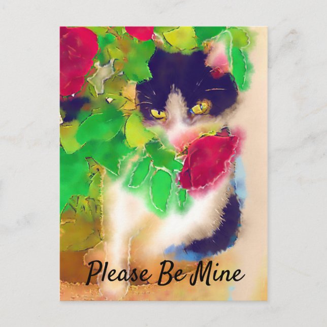 Sei bitte meins, Katze mit Rote Rose Valentine Postkarte (Vorderseite)