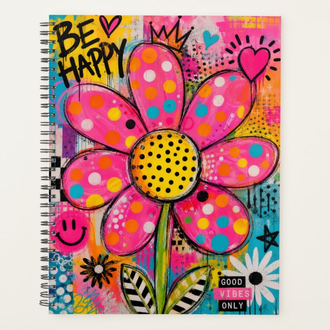 Sei Glücklich Bunte Blumen Pop Art Planer (Vorderseite)