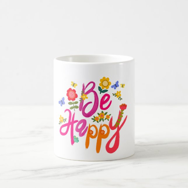 Sei glücklich – Farbige Blumen und Schmetterlinge  Kaffeetasse (Mittel)