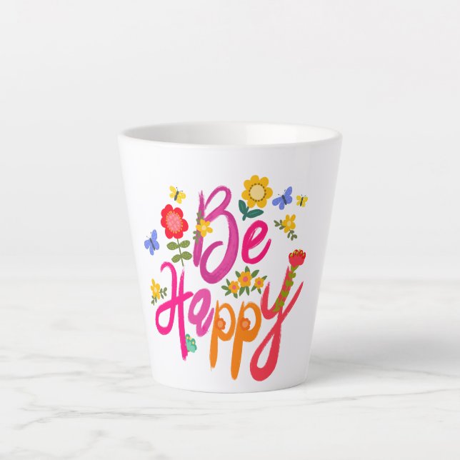 Sei glücklich – Farbige Blumen und Schmetterlinge  Milchtasse (Vorderseite)