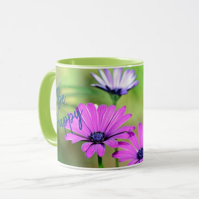 Sei glücklich mit Blumen und Namen Tasse (Vorderseite Links)