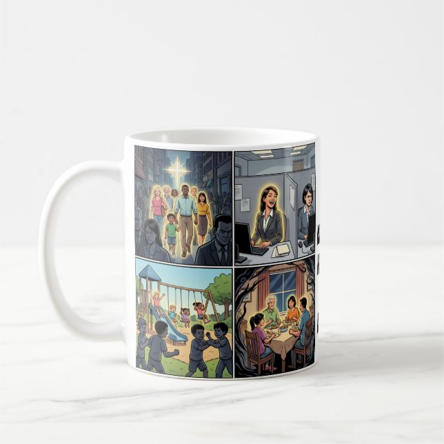 Sei in, nicht von Comic Kaffeetasse (Links)