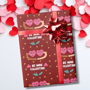 Sei mein Valentin, Niedliche Herzkirschen umarmt Geschenkpapier