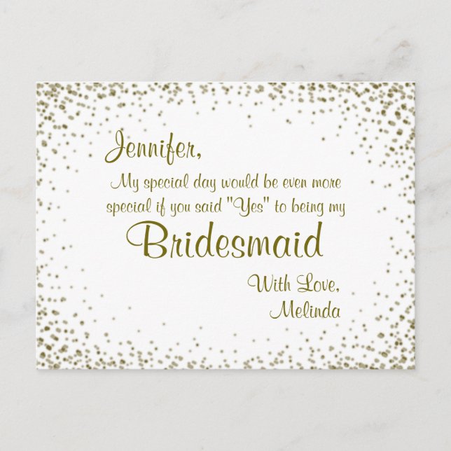 Sei meine Bridesmaid | Gold Confetti Postkarte (Vorderseite)