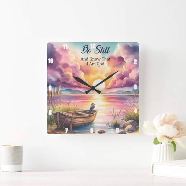Sei noch Sunset Lake Boat Quadratische Wanduhr (Zuhause)