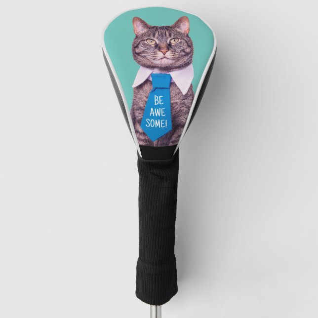 "Sei PHANTASTISCH!" Katze in blauer Krawatte, Aqua Golf Headcover (Vorderseite)