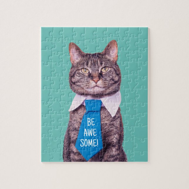 "Sei PHANTASTISCH!" Katze in blauer Krawatte, Aqua Puzzle (Vertikal)
