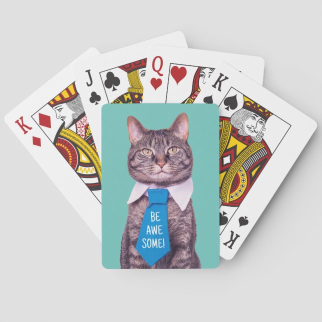 "Sei PHANTASTISCH!" Katze in blauer Krawatte, Aqua Spielkarten (Rückseite)
