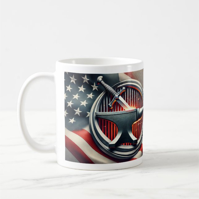 Sei stark und mutig! Schwert in Schmiede. Kaffeetasse (Links)