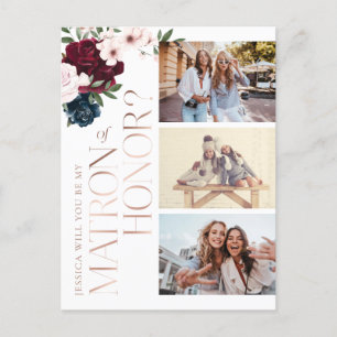Seid meine Ehrenmatrone? Burgundy Navy Florals Fot Einladungspostkarte