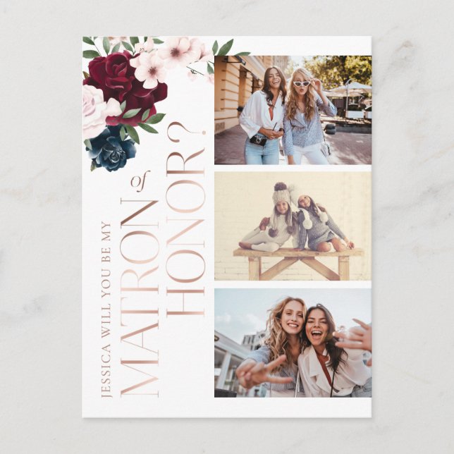 Seid meine Ehrenmatrone? Burgundy Navy Florals Fot Einladungspostkarte (Vorderseite)