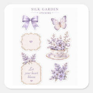 Seidengarten Lila Blumenaufkleber Set Quadratischer Aufkleber