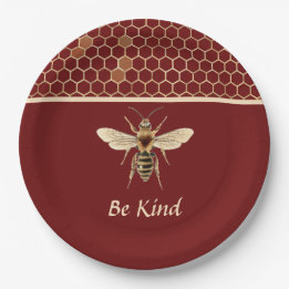 Seien Sie freundlich Bee und Honeycomb auf Burgund Pappteller