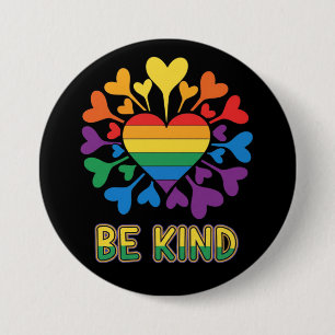 Seien Sie freundlich lebendige Gay Pride-Flag-Herz Button