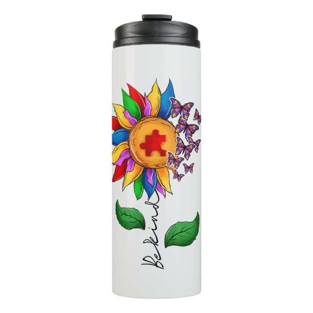 Seien Sie freundlich Sonnenblumen- Autismus-Bewuss Thermosbecher (Vorderseite)
