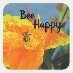 Seien Sie froh Hübsche Blume Foto Canna Lily Bee P Quadratischer Aufkleber