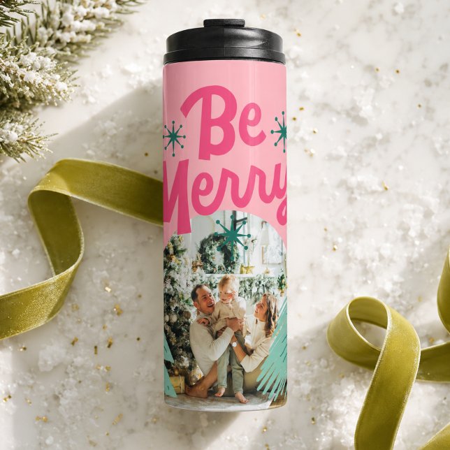 Seien Sie froh, Pink Scribble Holiday Tree Arched  Thermosbecher (Be Merry Pink Scribble Holiday Tree Arched Photo Thermal Tumbler)