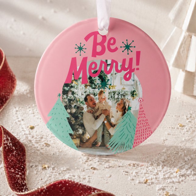 Seien Sie froh, Pink Scribble Tree Arched Foto Ornament (Be Merry Pink Scribble Tree Arched Photo Ornament)